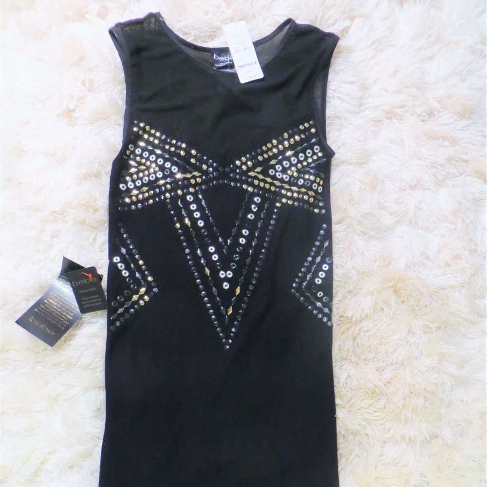 BEBE NWT Black and Metal Accent Bodycon Mini Dress